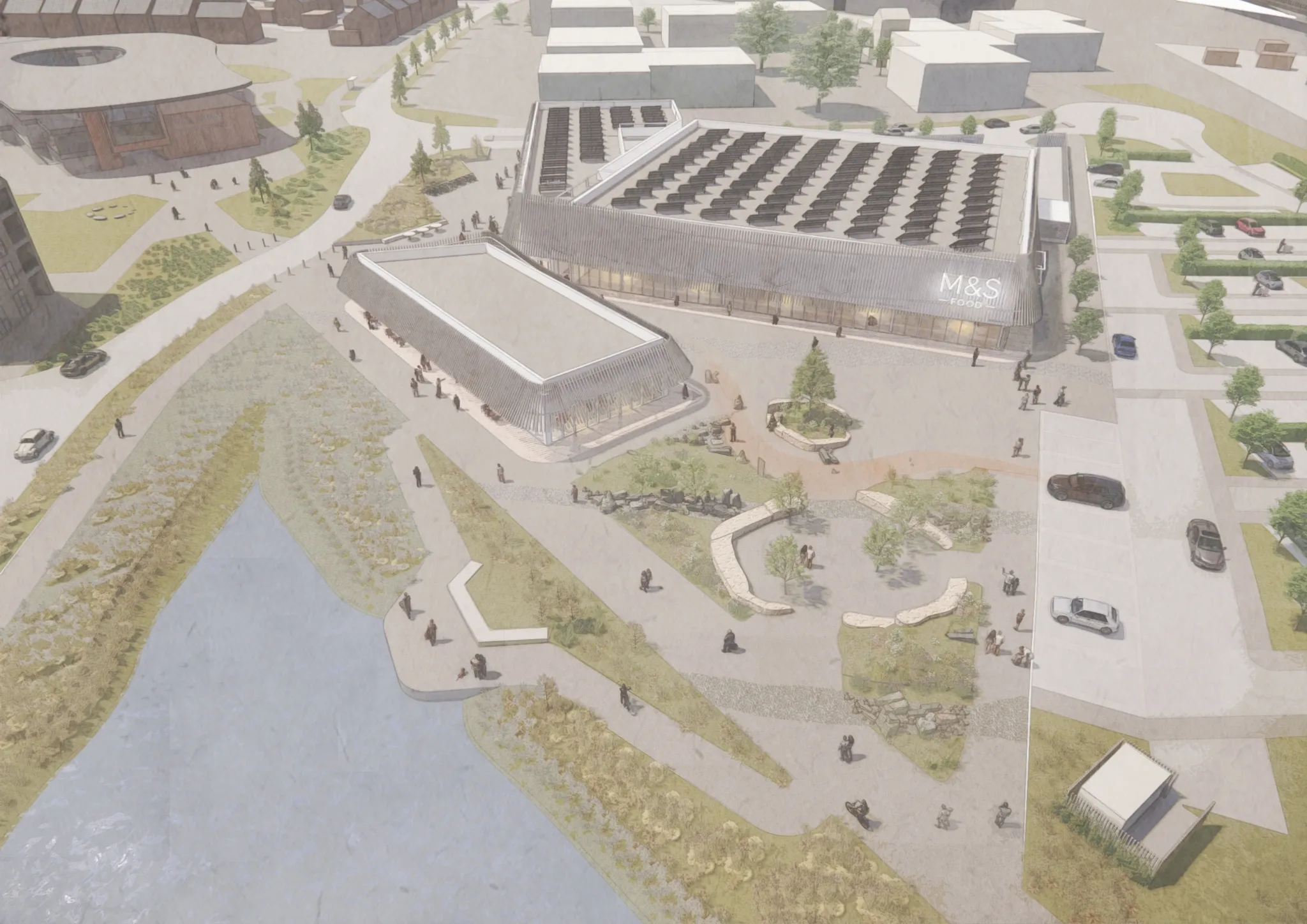 Computer-generated image of aerial view of The Hub