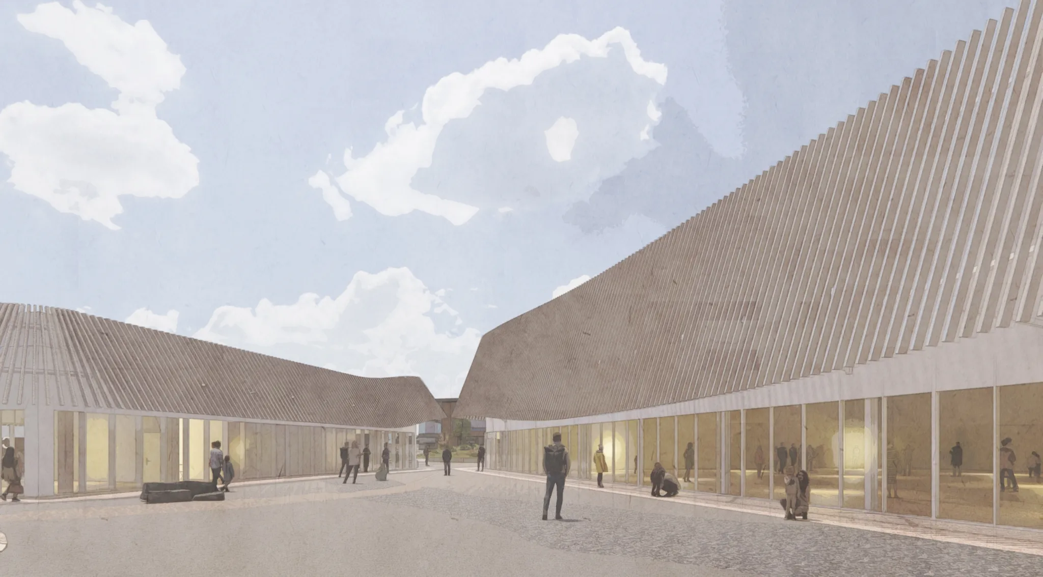 Artist's impression of people passing through The Hub outside area