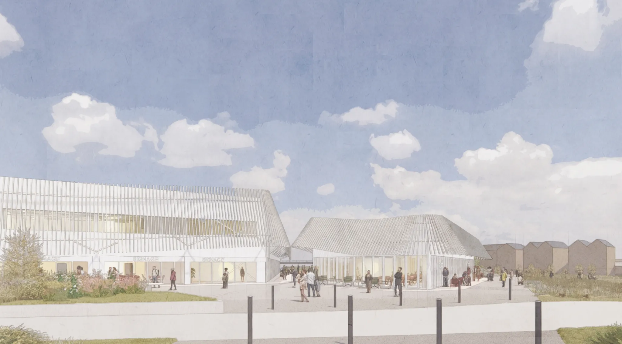 Wide-view artist's impression of people spending time  at The Hub