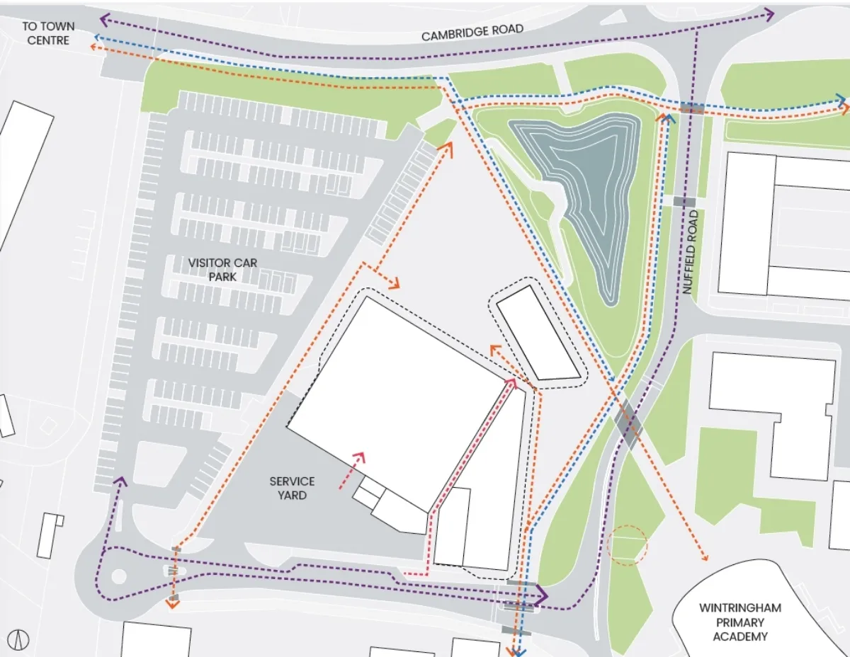 Map showing routes for different modes of transport